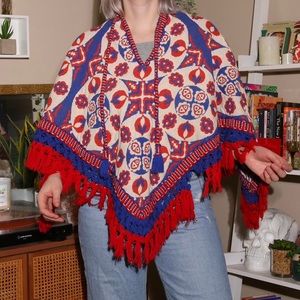 Vintage 1970s Woven Reversible Patterned Poncho with Tassles